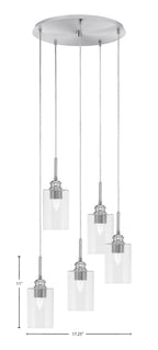 Edge Five Light Cluster Pendalier in Brushed Nickel with 4" Clear Bubble Shade