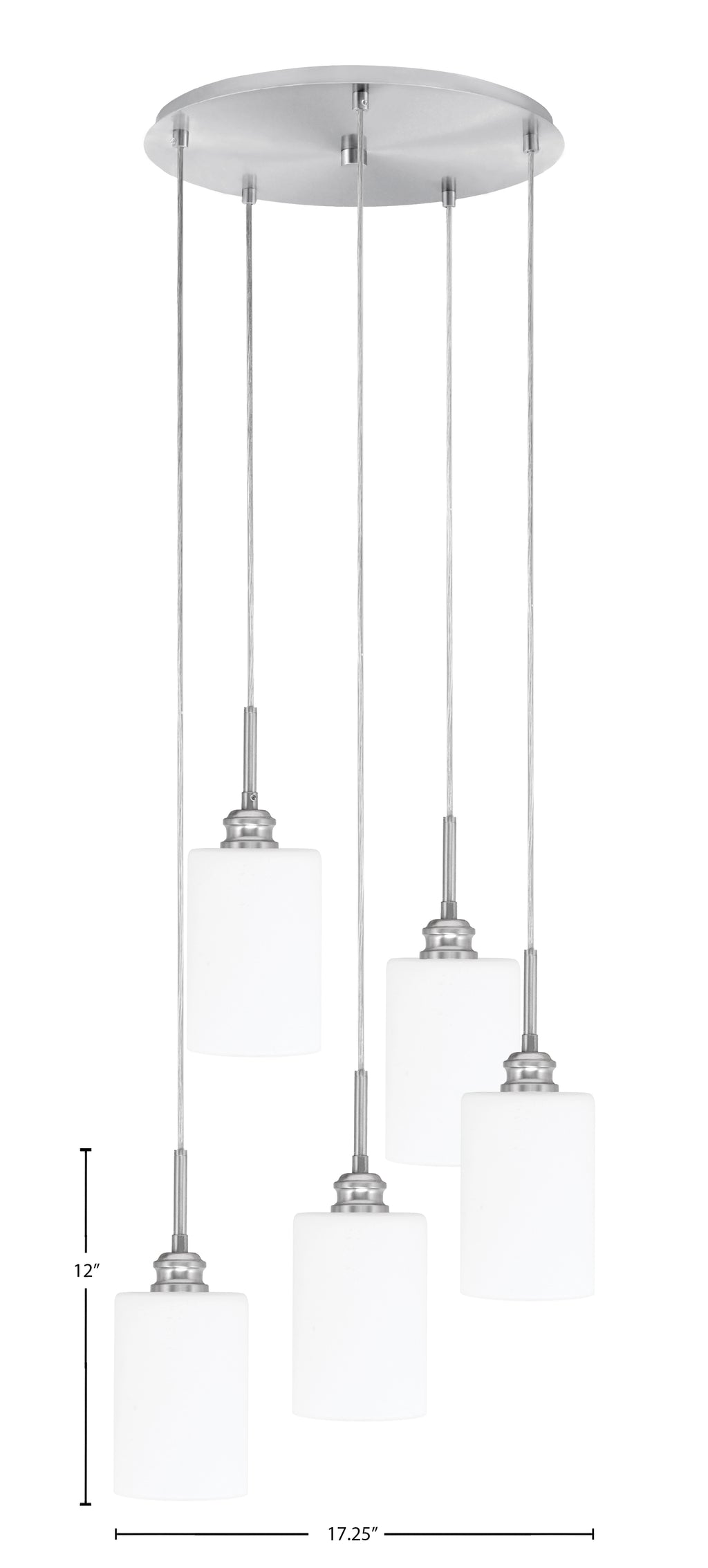Edge Five Light Cluster Pendalier in Brushed Nickel with 4" White Muslin Shade