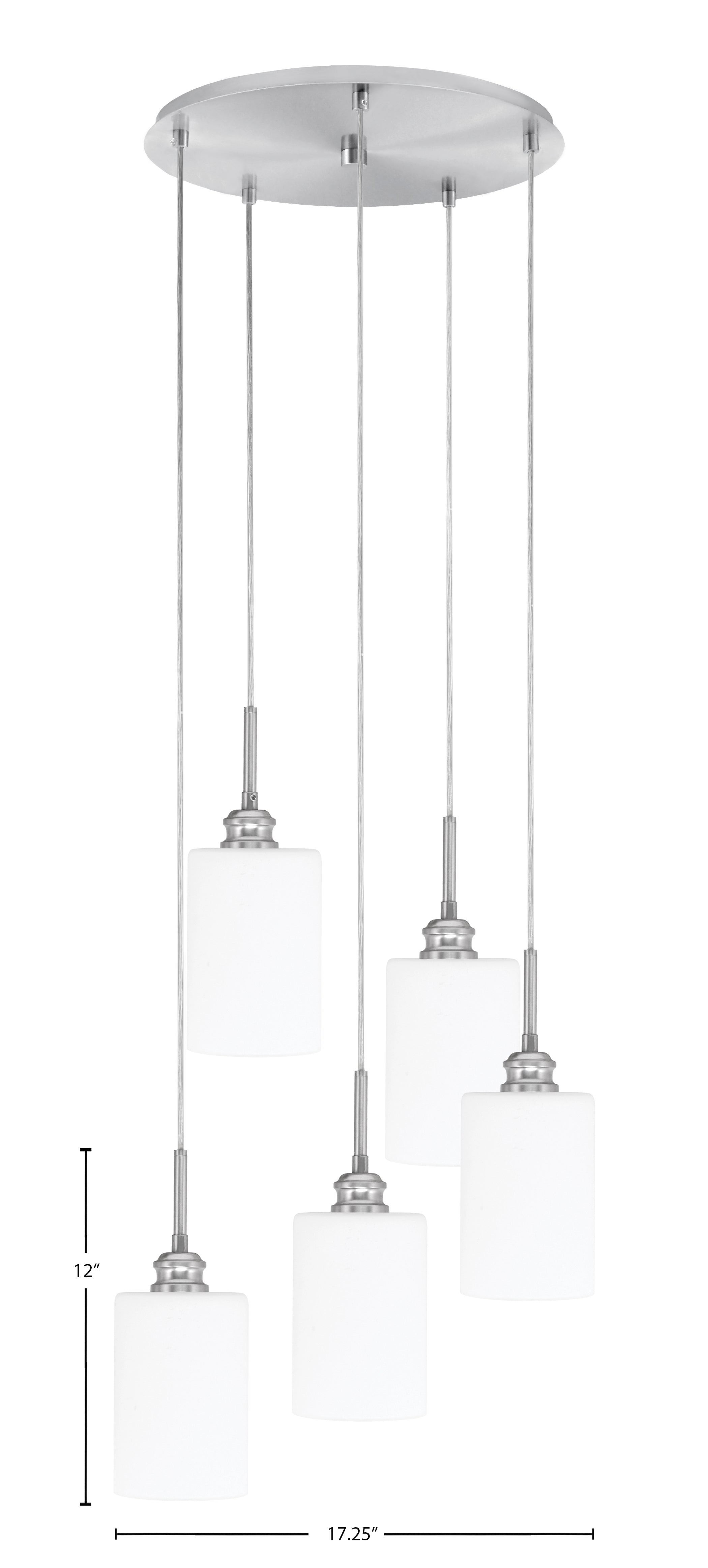 Edge Five Light Cluster Pendalier in Brushed Nickel with 4" White Muslin Shade