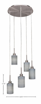 Edge Five Light Cluster Pendalier in Brushed Nickel with 4" Gray Matrix Shade