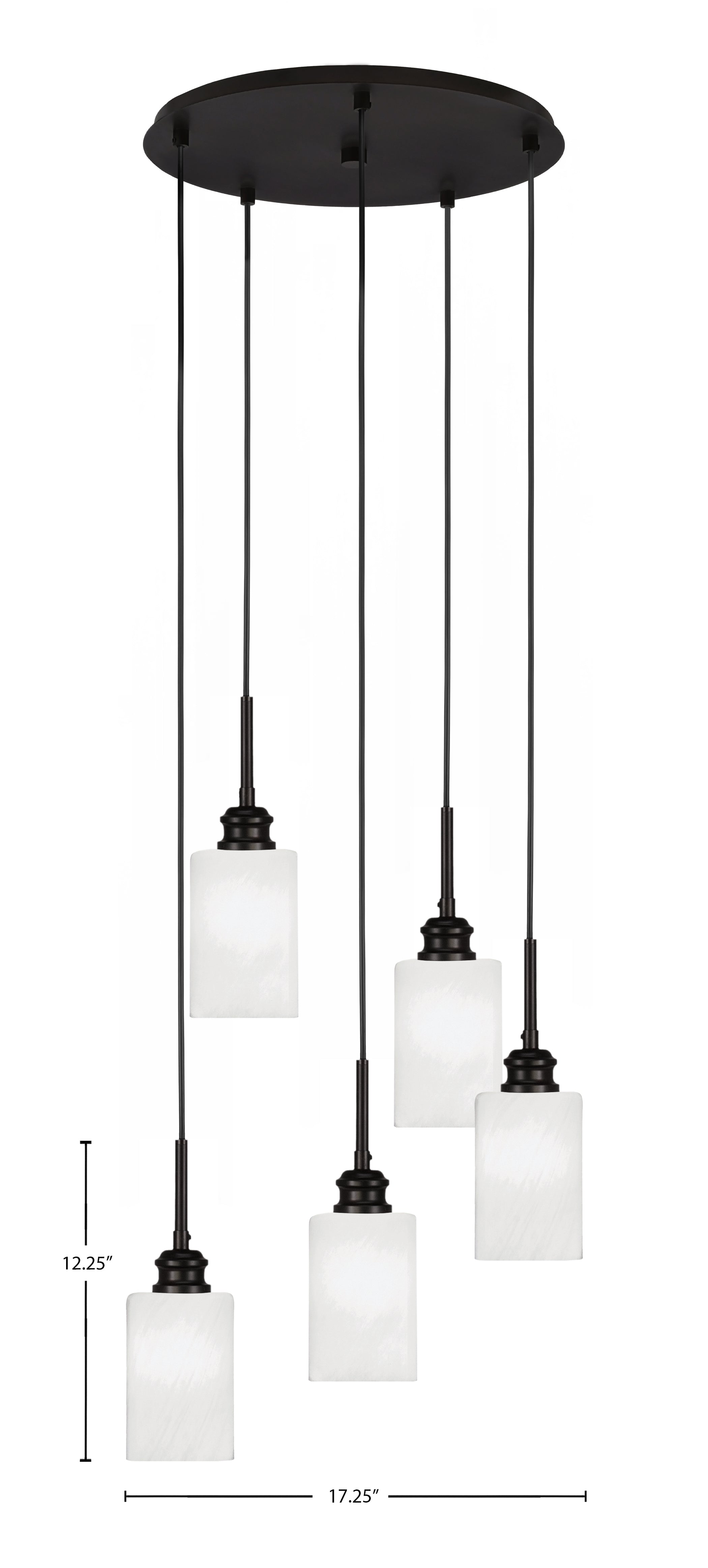 Edge Five Light Pendalier in Espresso with 4" White Marble Shade
