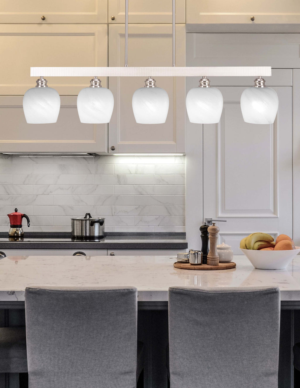 Edge Five Light Bar in Brushed Nickel with 6" White Marble Shade