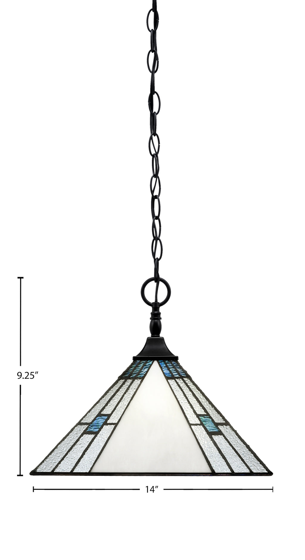 Chain/Square One Light Pendant in Matte Black with Sky Ice Art Glass Shade