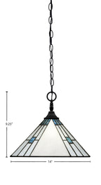 Chain/Square One Light Pendant in Matte Black with Sky Ice Art Glass Shade