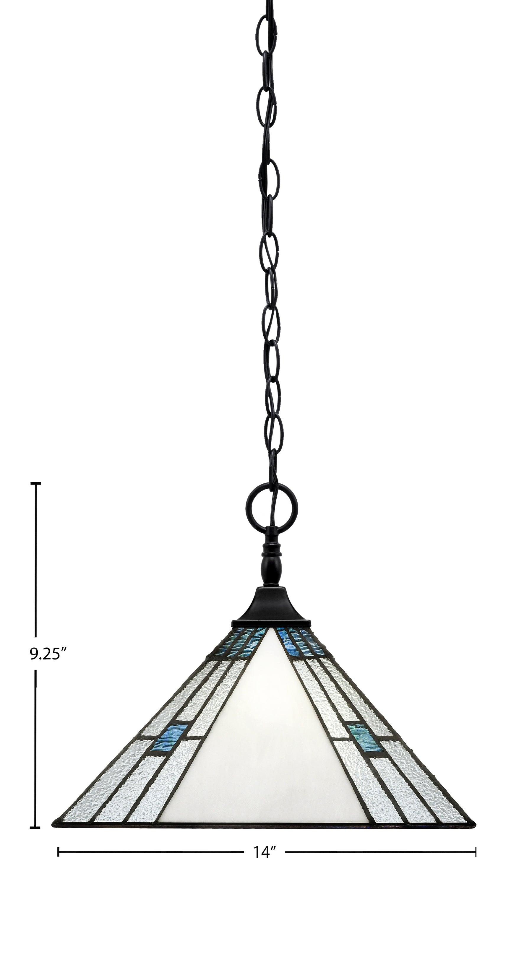 Chain/Square One Light Pendant in Matte Black with Sky Ice Art Glass Shade