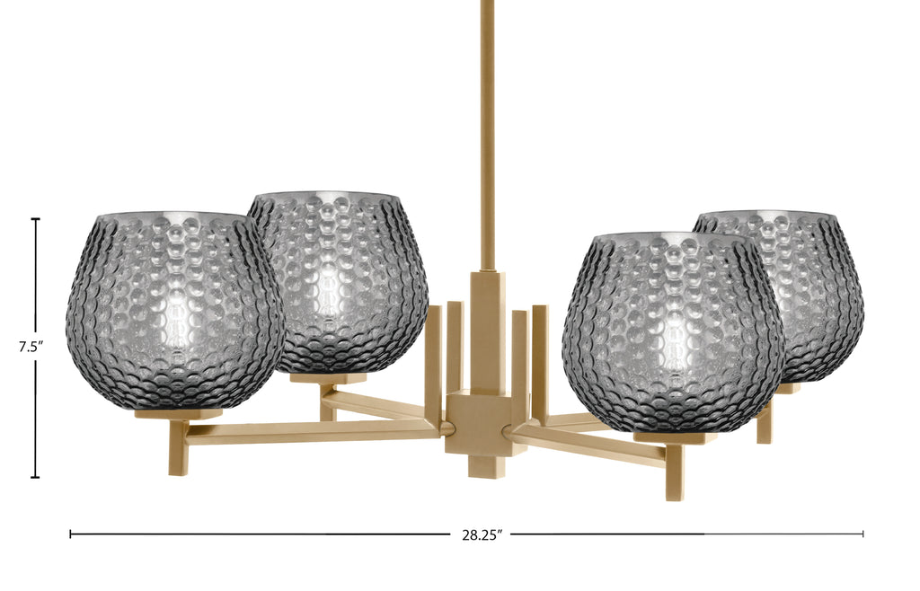 Franklin Four Light Chandelier in New Age Brass with Smoke Textured Shade
