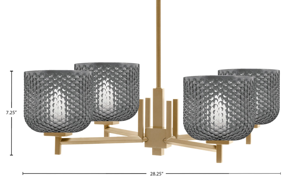 Franklin Four Light Chandelier in New Age Brass with Smoke Textured Shade