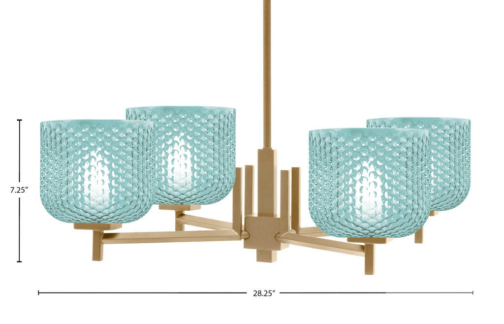 Franklin Four Light Chandelier in New Age Brass with Turquoise Textured Shade