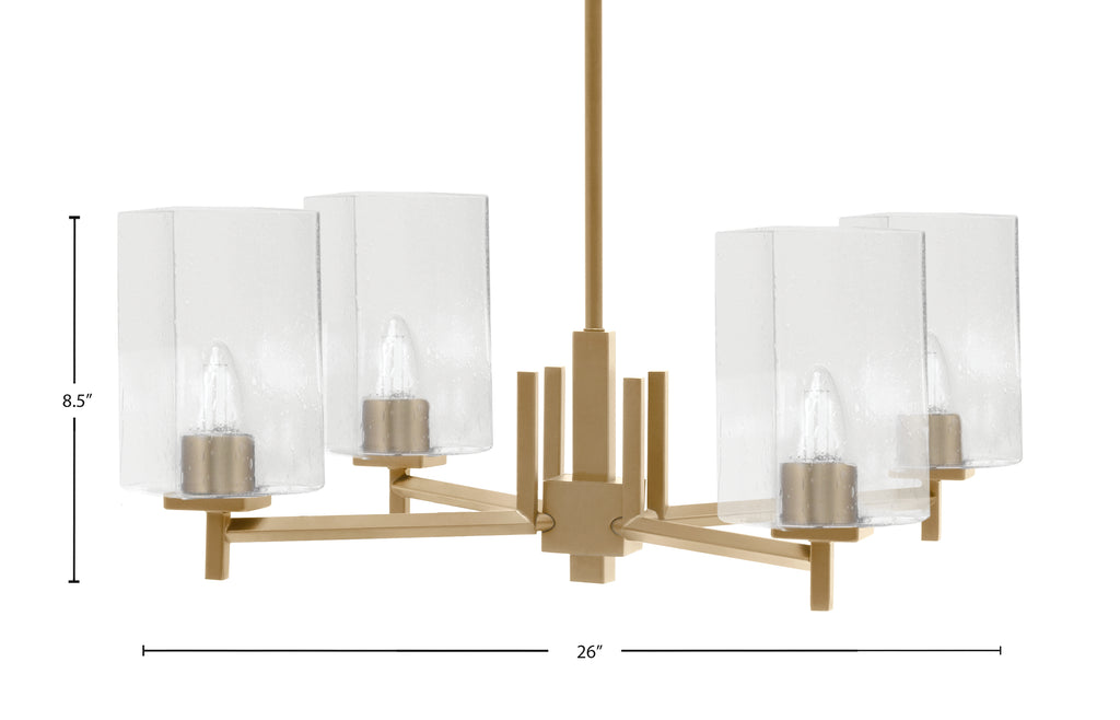 Franklin Four Light Chandelier in New Age Brass with Square Clear Bubble Shade