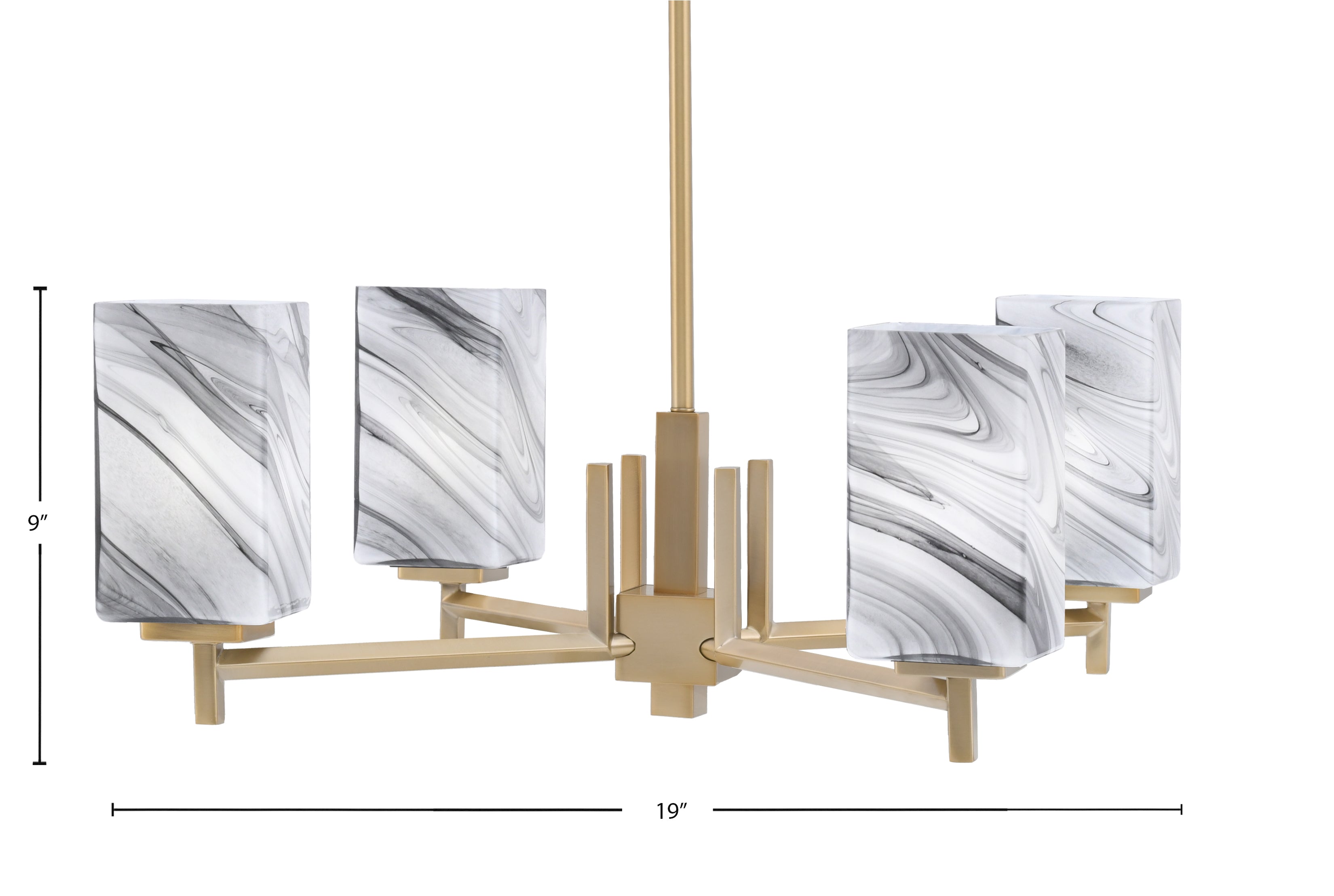 Franklin Four Light Chandelier in New Age Brass with Square Onyx Swirl Shade