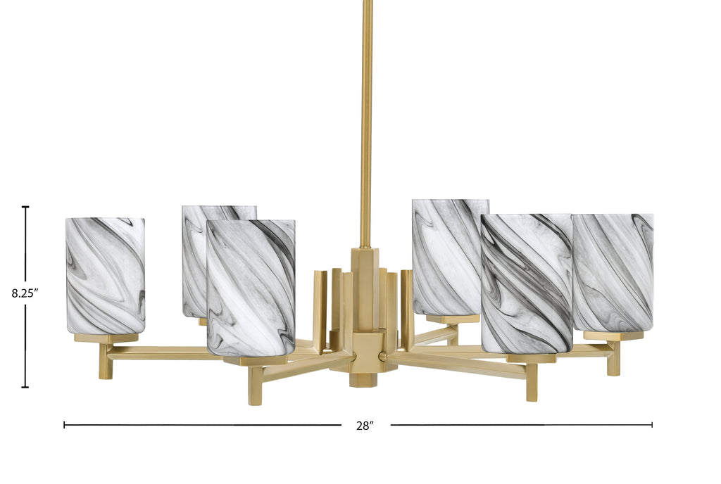 Franklin Six Light Chandelier in New Age Brass with Onyx Swirl Shade