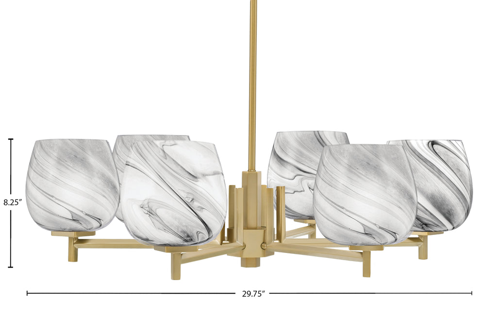 Franklin Six Light Chandelier in New Age Brass with Onyx Swirl Shade