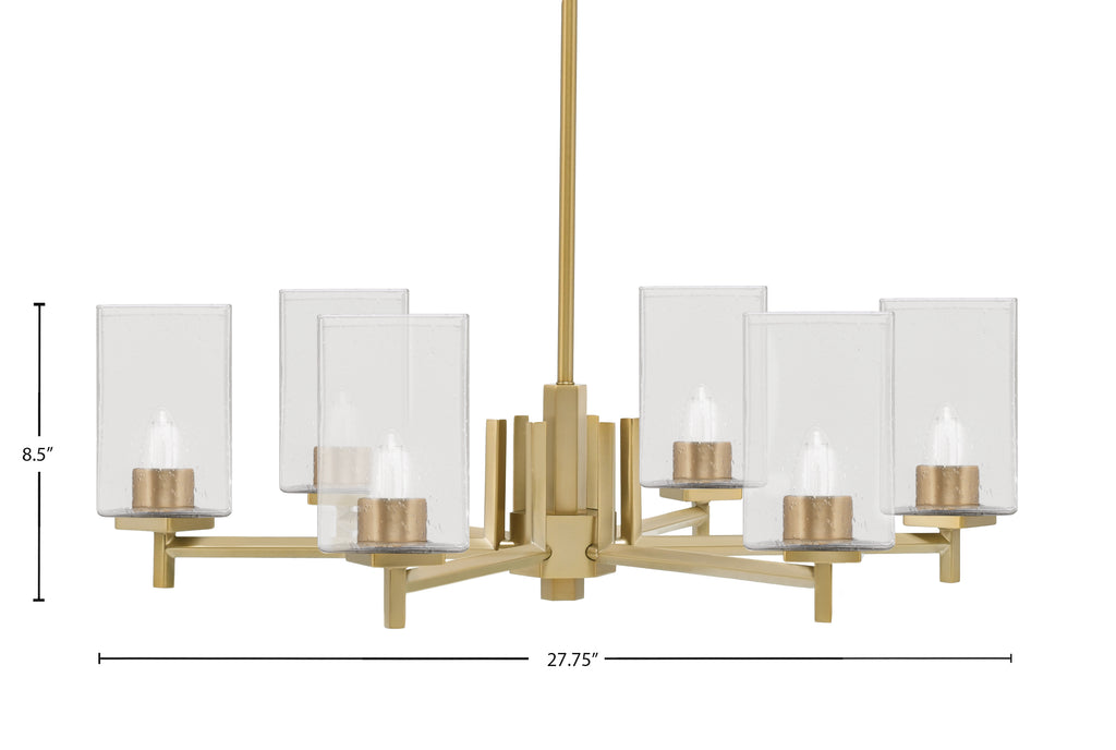 Franklin Six Light Chandelier in New Age Brass with Square Clear Bubble Shade