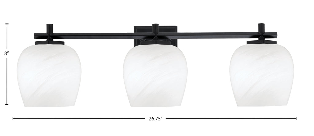 Franklin Three Light Bath Bar in Matte Black with White Marble Shade
