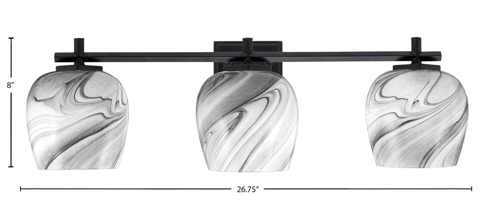 Franklin Three Light Bath Bar in Matte Black with Onyx Swirl Shade