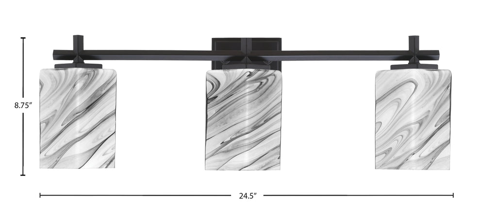 Franklin Three Light Bath Bar in Matte Black with Square Onyx Swirl Shade