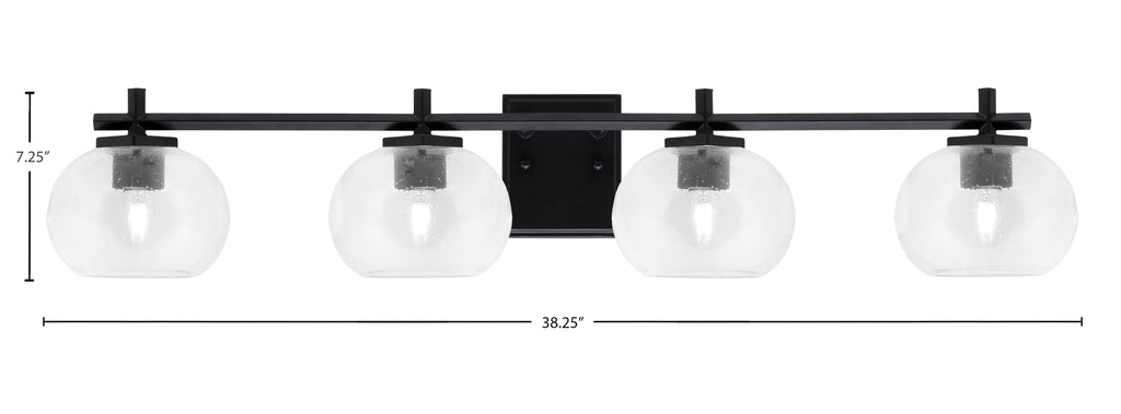 Franklin Four Light Bath Bar in Matte Black with Clear Bubble Shade