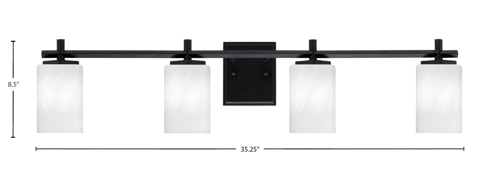 Franklin Four Light Bath Bar in Matte Black with White Marble Shade