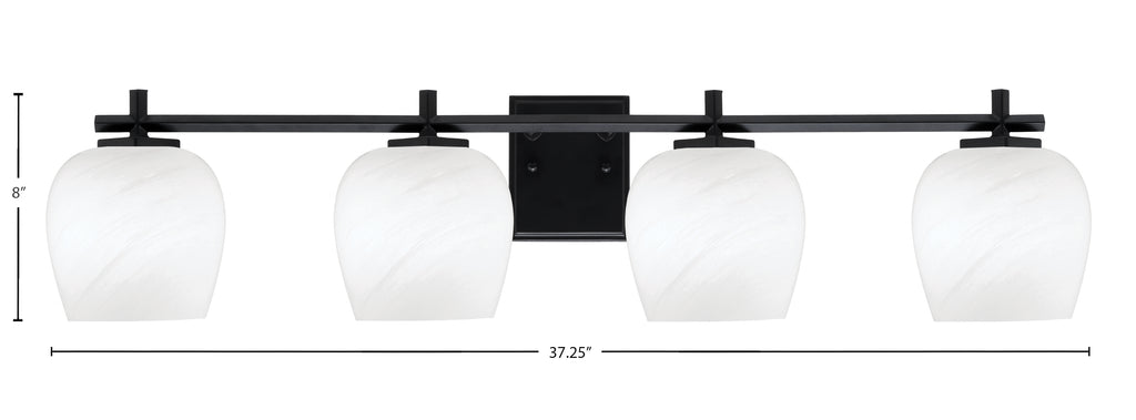 Franklin Four Light Bath Bar in Matte Black with White Marble Shade