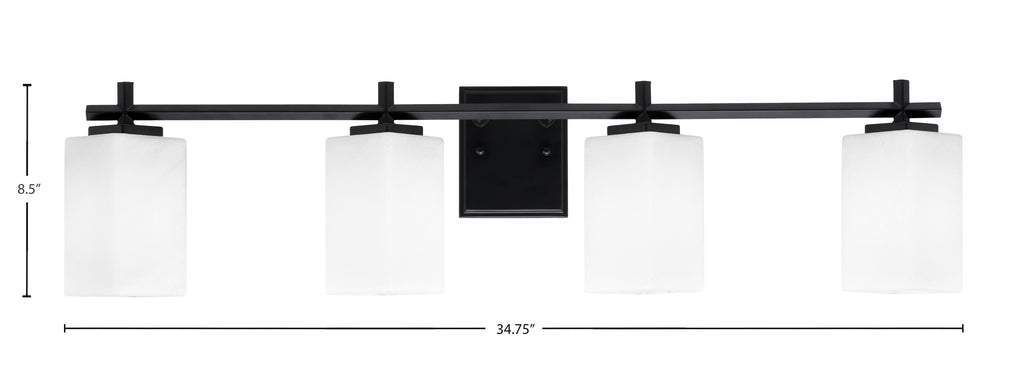 Franklin Four Light Bath Bar in Matte Black with Square White Marble Shade