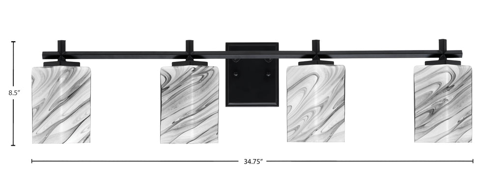 Franklin Four Light Bath Bar in Matte Black with Square White Marble Shade