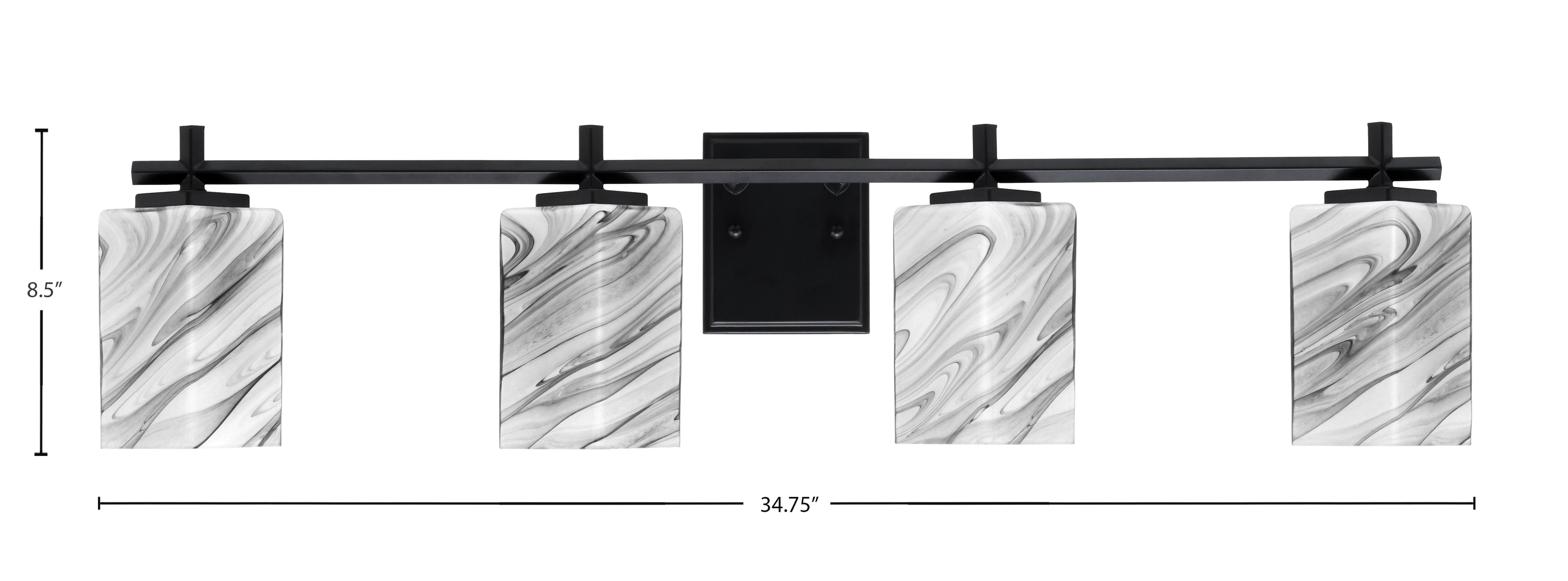 Franklin Four Light Bath Bar in Matte Black with Square White Marble Shade