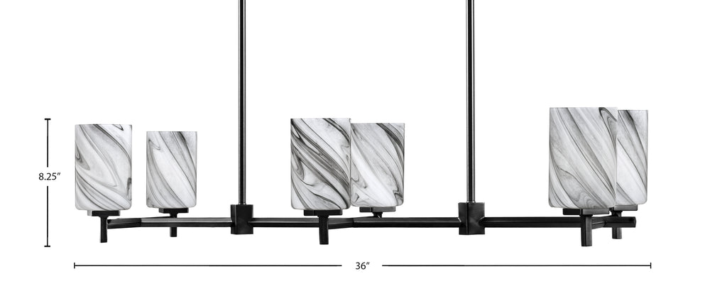 Franklin Six Light Island Pendant in Matte Black with Onyx Swirl Shade