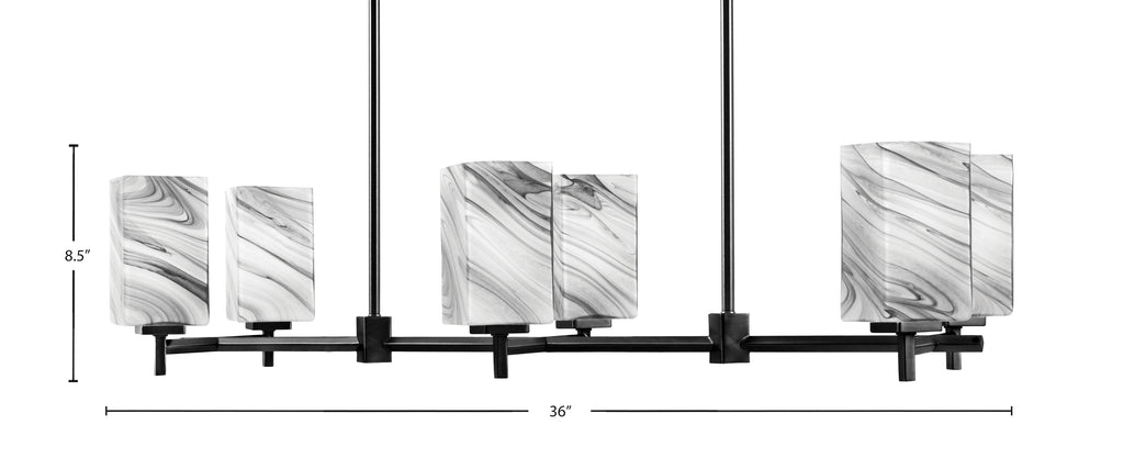 Franklin Six Light Island Pendant in Matte Black with Square Onyx Swirl Shade
