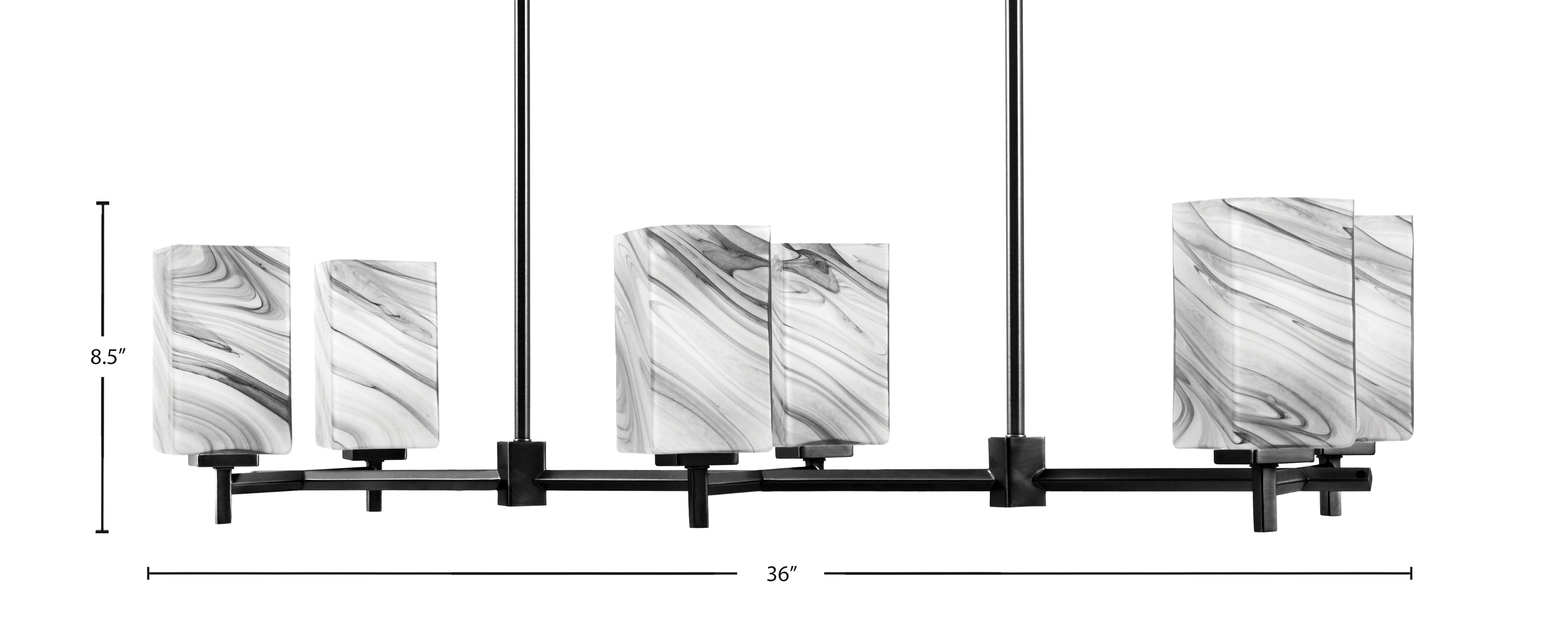Franklin Six Light Island Pendant in Matte Black with Square Onyx Swirl Shade