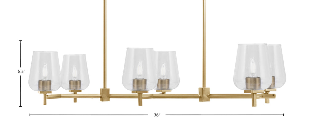 Franklin Six Light Island Pendant in New Age Brass with Clear Bubble Shade