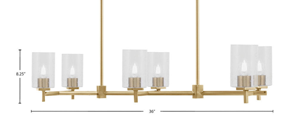 Franklin Six Light Island Pendant in New Age Brass with Clear Bubble Shade