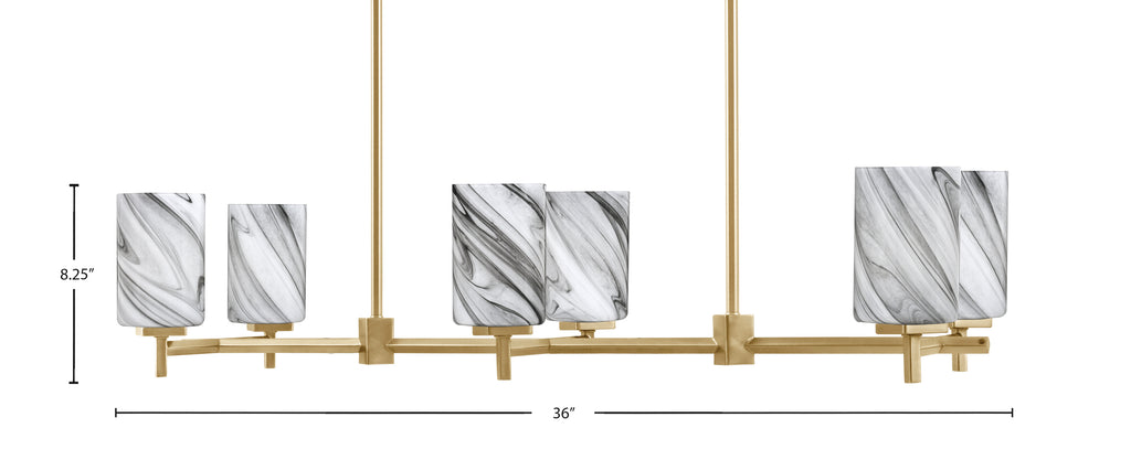Franklin Six Light Island Pendant in New Age Brass with Onyx Swirl Shade