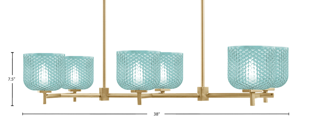 Franklin Six Light Island Pendant in New Age Brass with Turquoise Textured Shade
