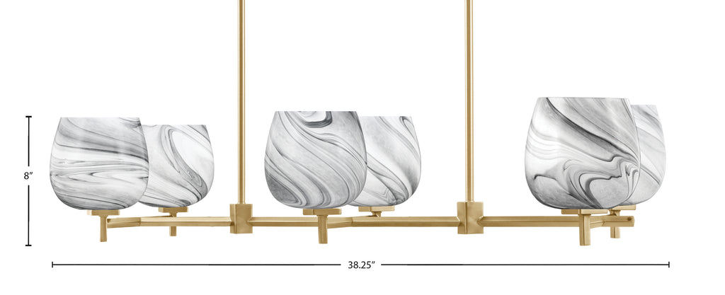 Franklin Six Light Island Pendant in New Age Brass with Onyx Swirl Shade