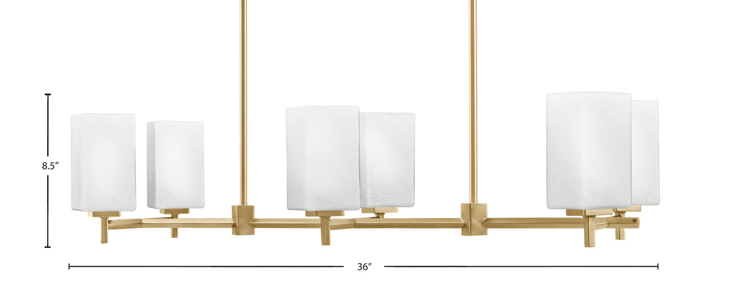 Franklin Six Light Island Pendant in New Age Brass with Square White Marble Shade