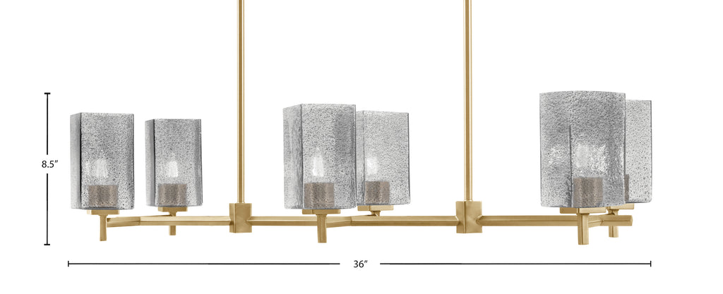 Franklin Six Light Island Pendant in New Age Brass with Square Smoke Bubble Shade