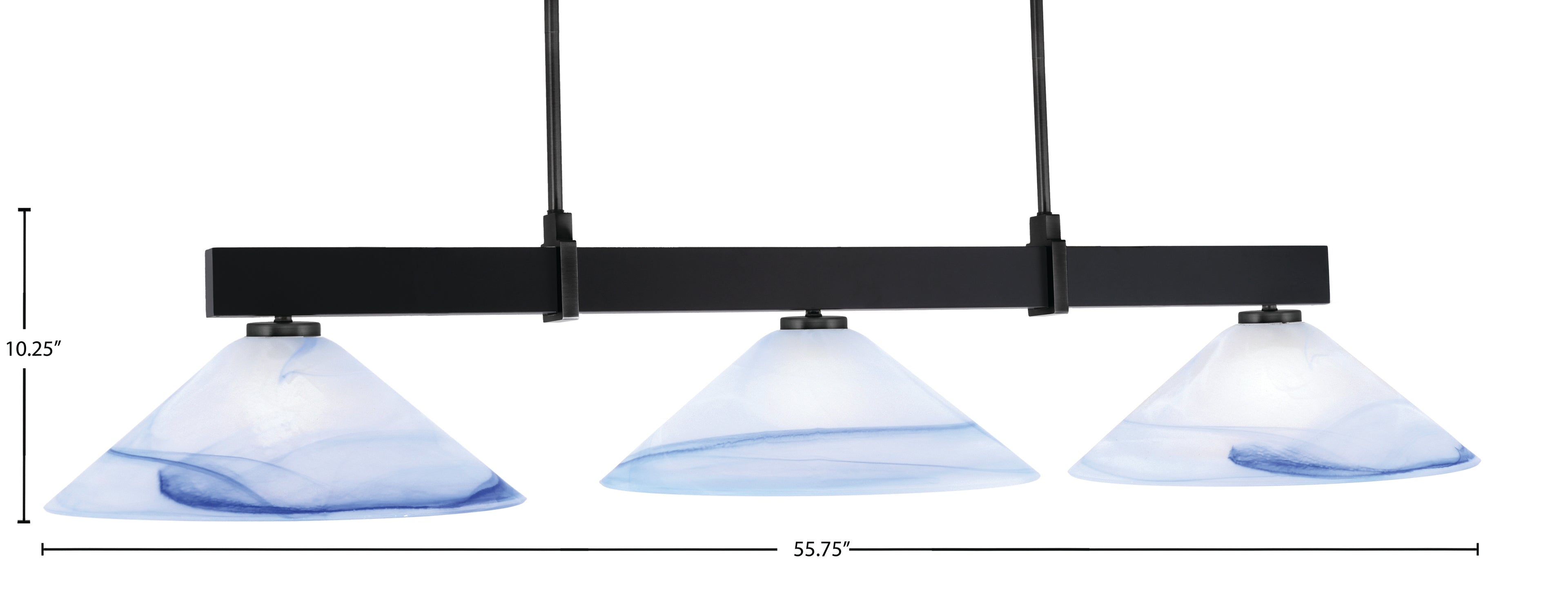 Wellington Three Light Bar in Matte Black with Blue Swirl Shade