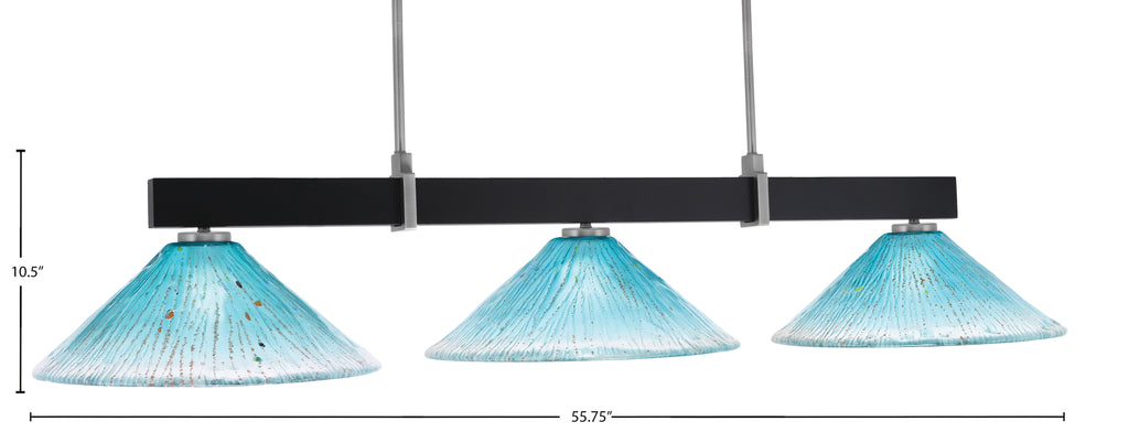 Wellington Three Light Bar in Matte Black & Graphite with Teal Crystal Shade