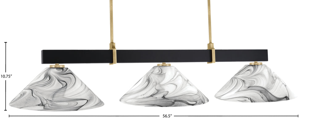 Wellington Three Light Bar in Matte Black & New Age Brass with Onyx Swirl Shade