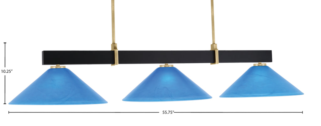 Wellington Three Light Bar in Matte Black & New Age Brass with Blue Italian Shade