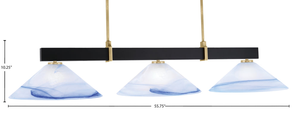 Wellington Three Light Bar in Matte Black & New Age Brass with Blue Swirl Shade
