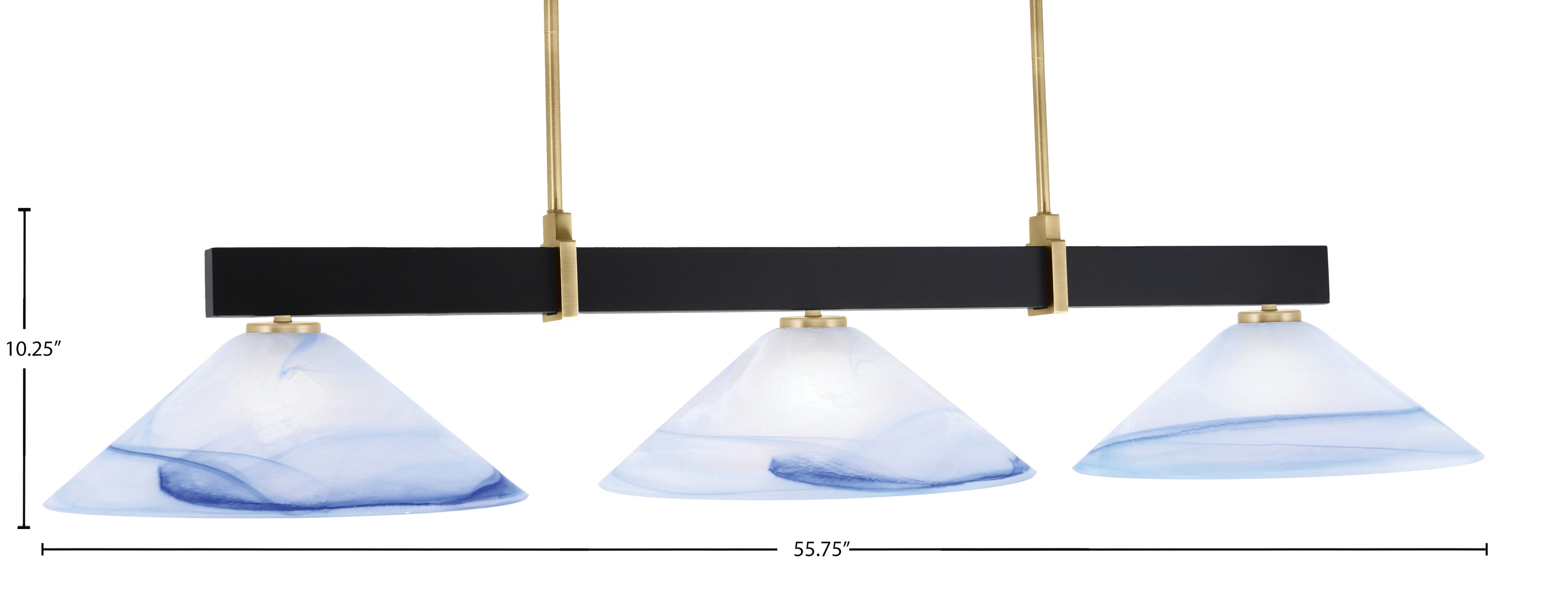 Wellington Three Light Bar in Matte Black & New Age Brass with Blue Swirl Shade