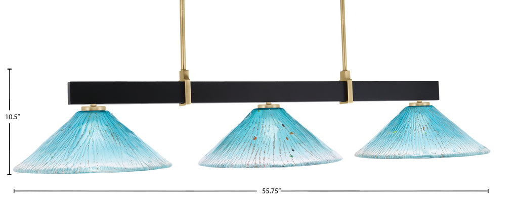 Wellington Three Light Bar in Matte Black & New Age Brass with Teal Crystal Shade