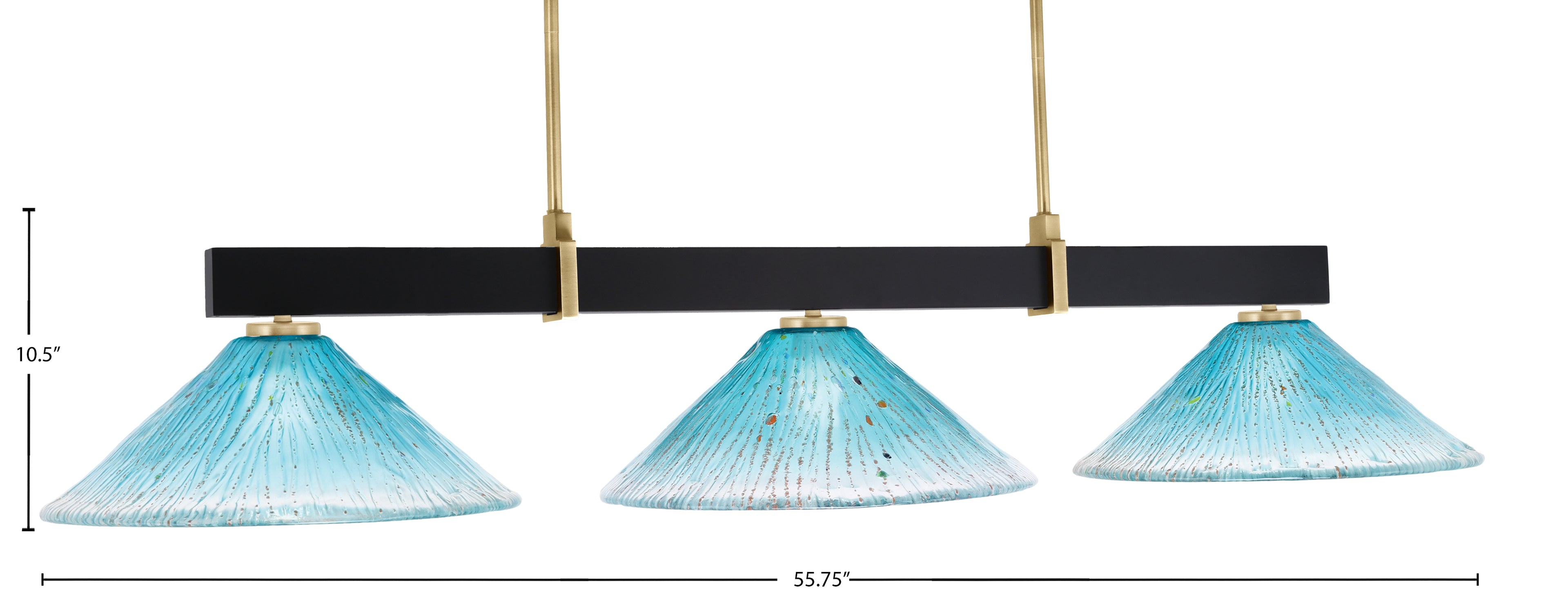 Wellington Three Light Bar in Matte Black & New Age Brass with Teal Crystal Shade