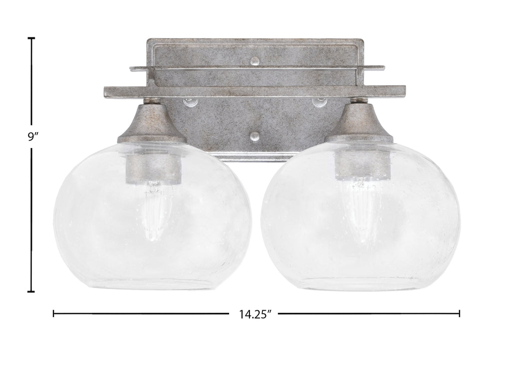 Uptowne Two Light Bath Bar in Aged Silver with 7" Clear Bubble Shade