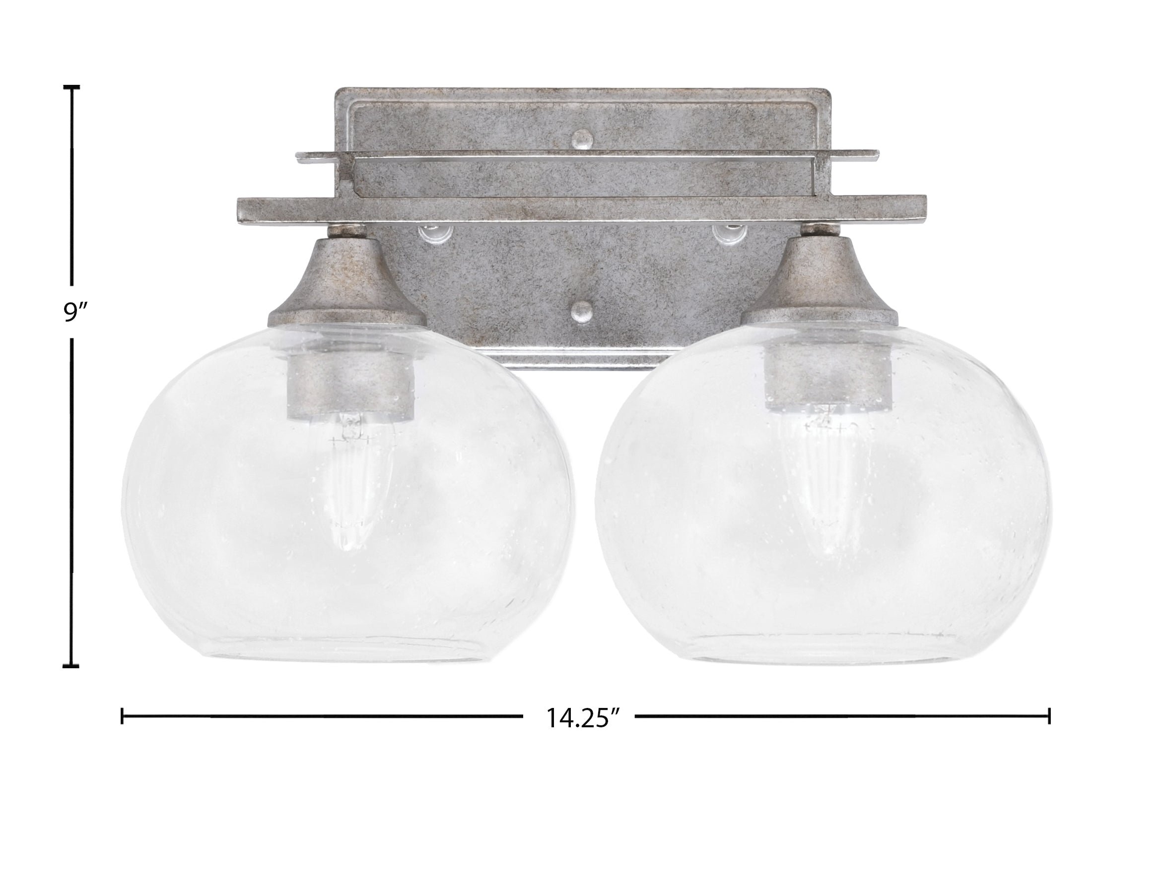 Uptowne Two Light Bath Bar in Aged Silver with 7" Clear Bubble Shade