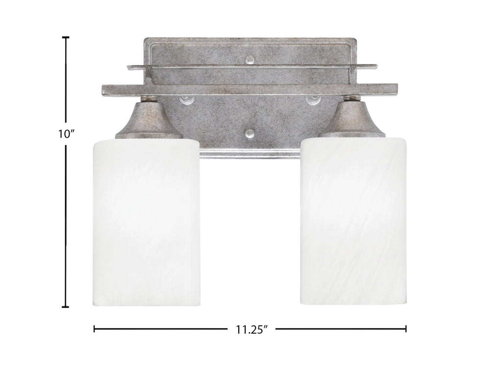 Uptowne Two Light Bath Bar in Aged Silver with 4" White Marble Shade