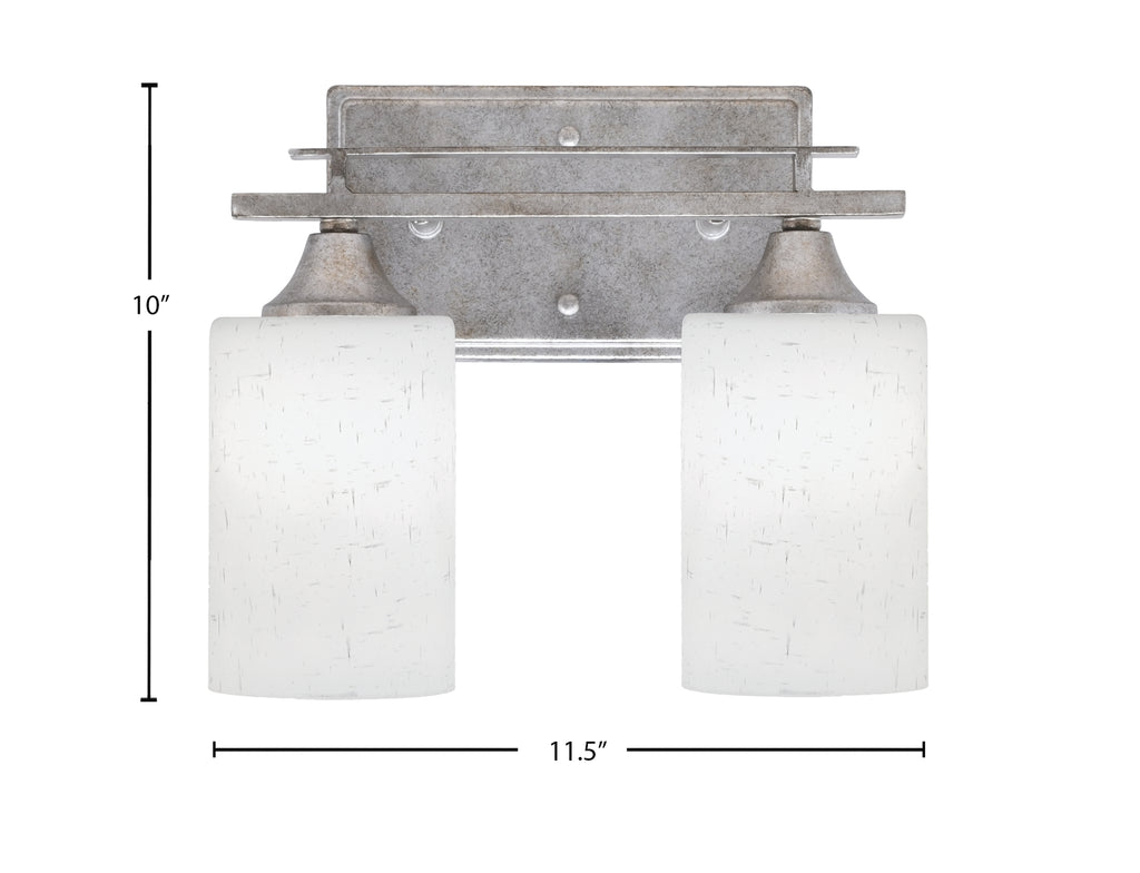 Uptowne Two Light Bath Bar in Aged Silver with 4" White Muslin Shade
