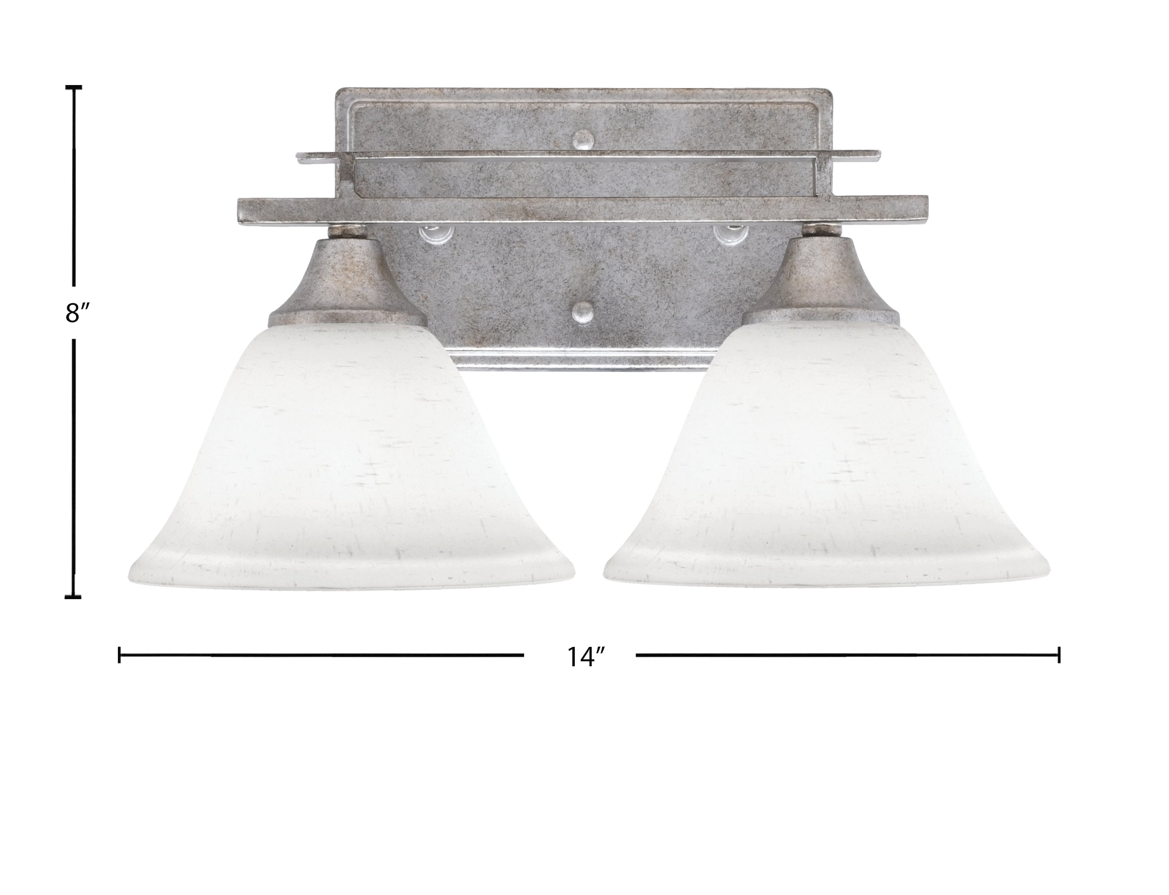 Uptowne Two Light Bath Bar in Aged Silver with 7" White Muslin Shade