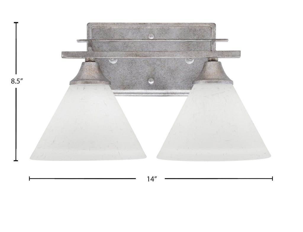 Uptowne Two Light Bath Bar in Aged Silver with 7" White Muslin Shade